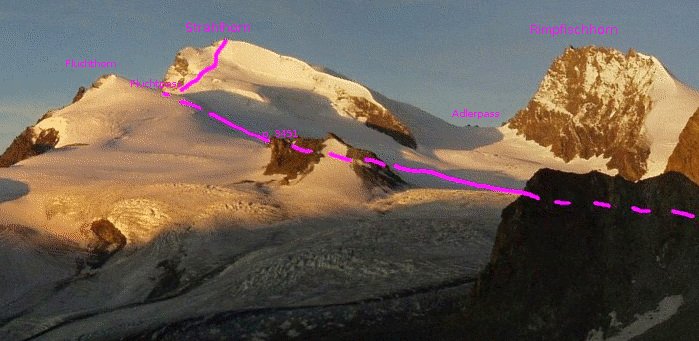 Ascent Route for Strahlhorn ( 4190 metres ) in the Zermatt Region of the Swiss Alps