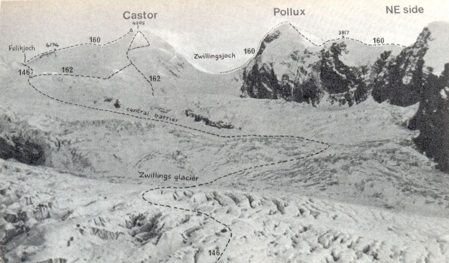 Ascent Routes for Castor ( 4228 metres ) and Pollux ( 4092m ) in the Zermatt Region of the Swiss Alps