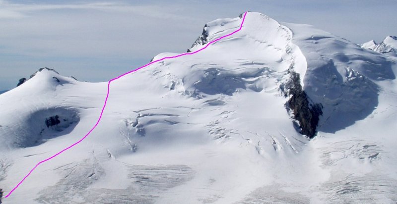 Ascent Route for Strahlhorn ( 4190 metres ) in the Zermatt Region of the Swiss Alps
