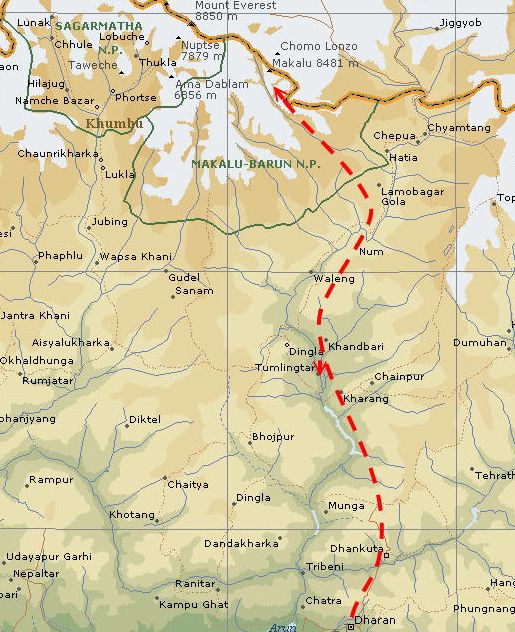 Map of access route to Makalu Base Camp