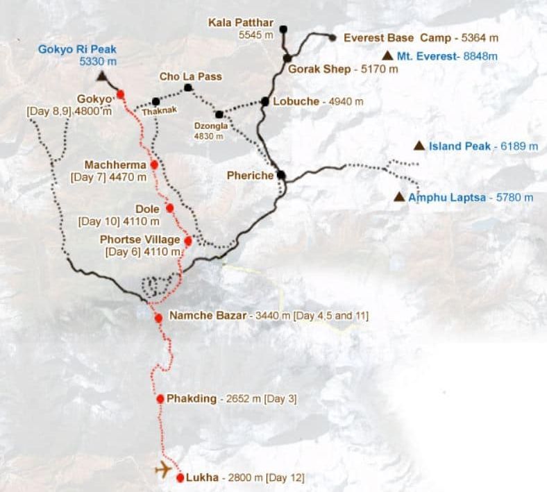 Map of Gokyo Valley Region of the Nepal Himalaya