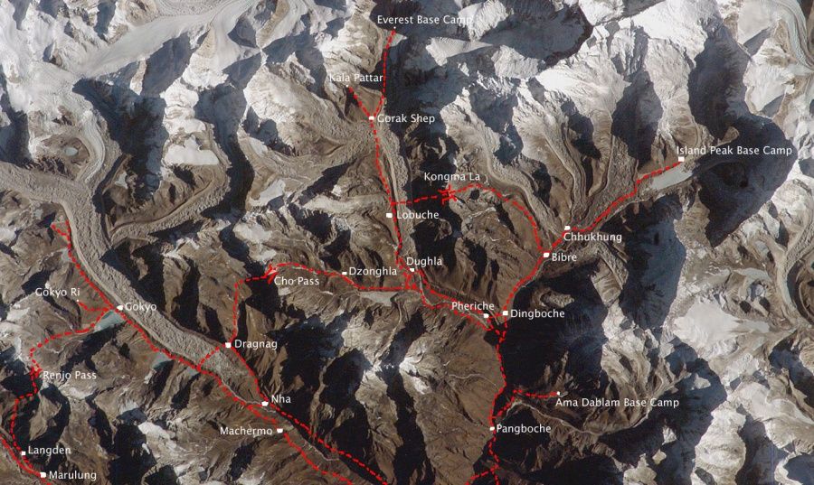 Satellite Map of trekking routes in the Khumbu Region