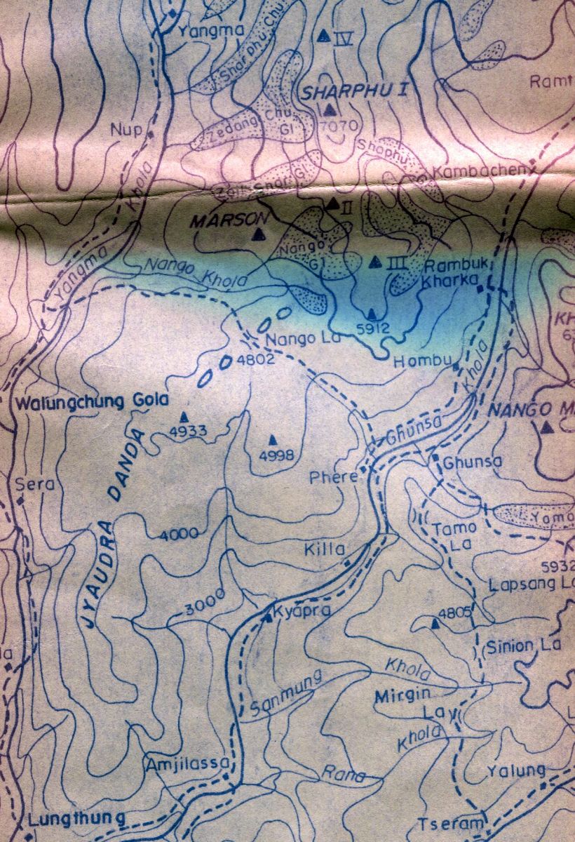 Map of Nango La and Sharpu Himal in the Kangchenjunga region of the Nepal Himalaya