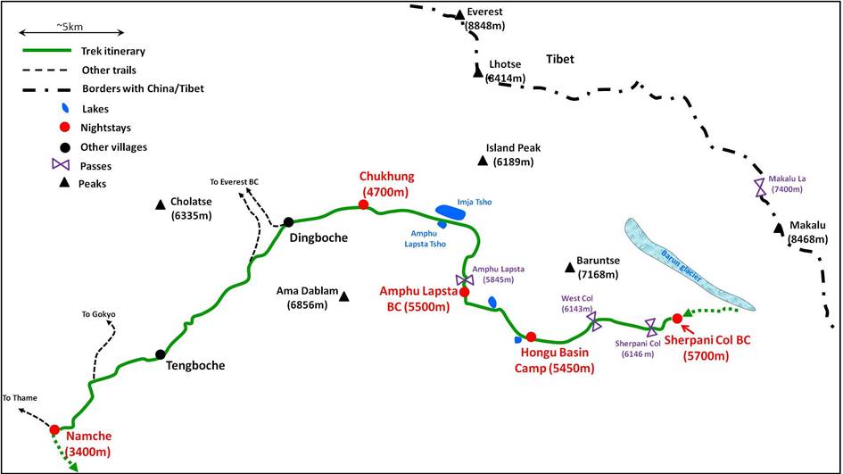 Route Map for Sherpani Col and Amphu Labtse