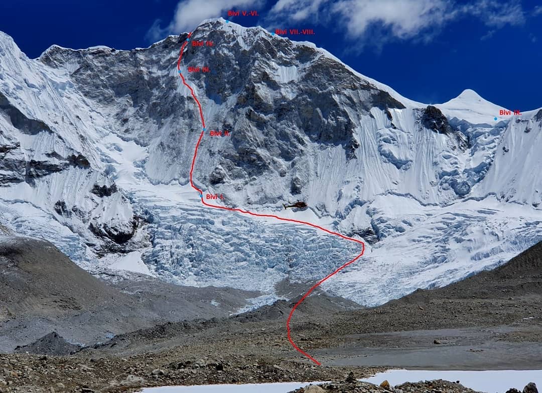 Ascent route on North Face of Mount Baruntse above Hongu Valley