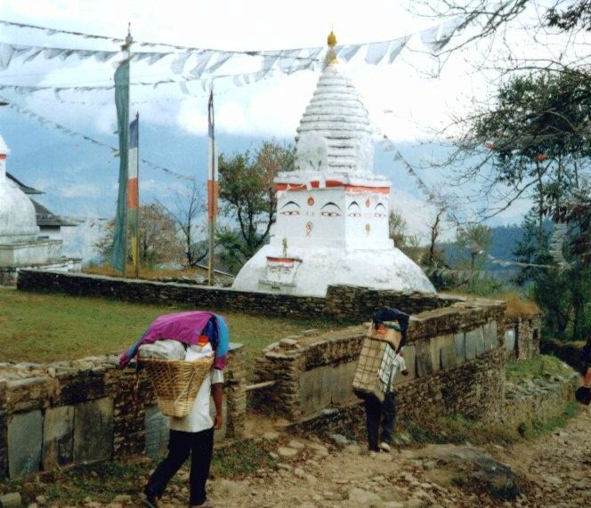 Stupa and prayer-flags at Bhandar