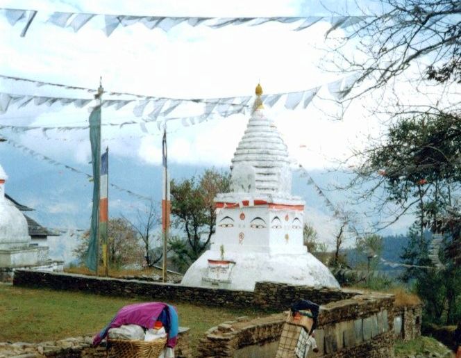 Stupa and prayer-flags at Bhandar