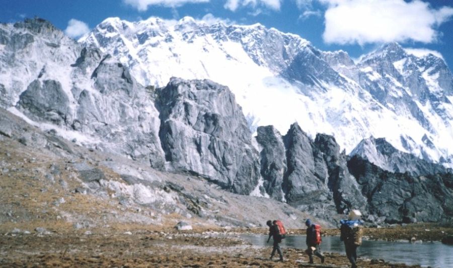 Nuptse-Lhotse wall on ascent to Kongma La from Bibre in the Chukhung Valley