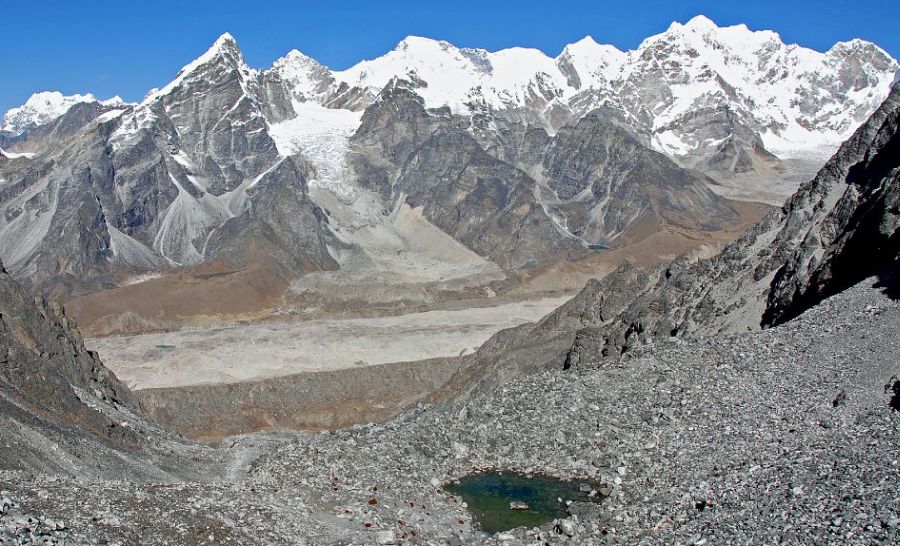 View to the West and Lobuje Peak from summit of Kongma La above the Khumbu Glacier
