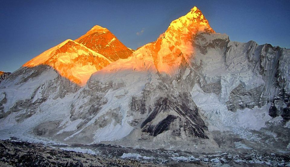 Sunset on Everest and Nuptse from Kallar Pattar