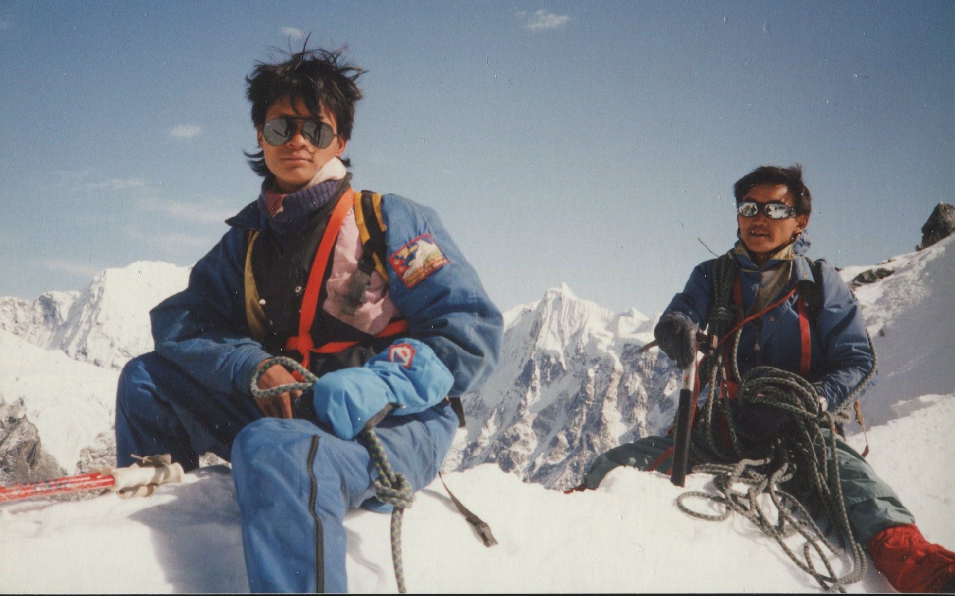 Sherpas on the summit arete of Yala Peak in the Langtang Valley