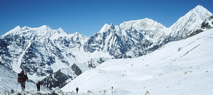 Himlung Himal ( 7126m ) in the Peri Himal from the Larkya La on circuit of Mount Manaslu in the Nepal Himalaya