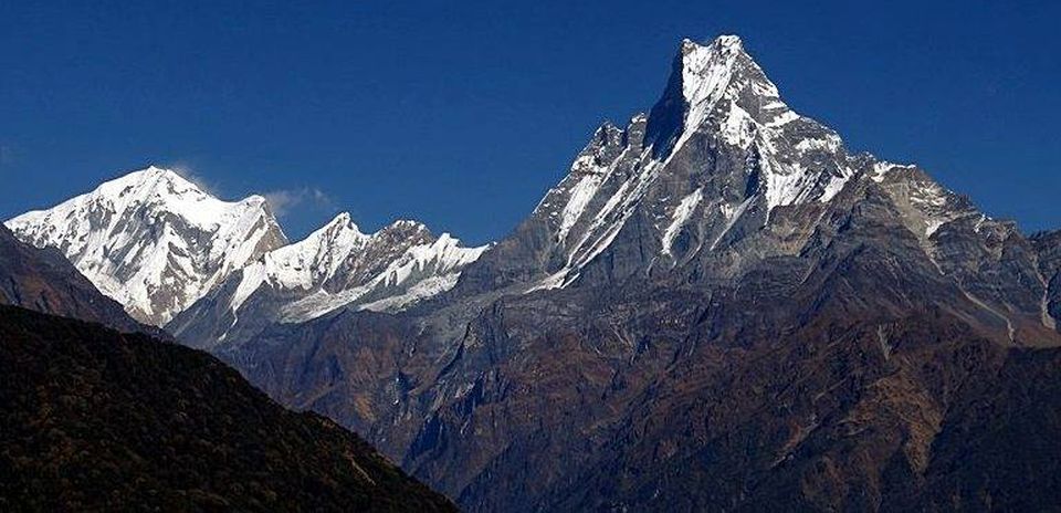 Mount Annapurna III, Gandarba Chuli and Macchapucchre on approach to the Sanctuary
