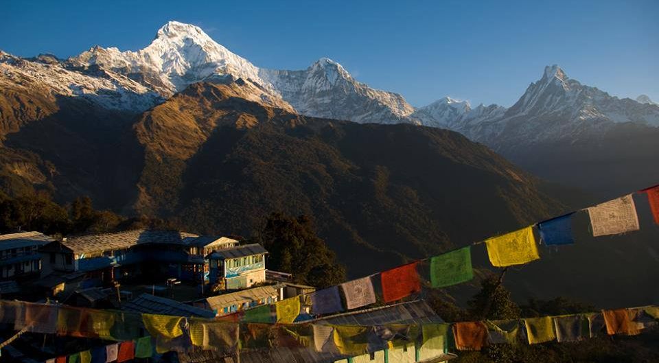 Annapurna South Peak, Hiunchuli and Mount Macchapucchre ( the Fishtail Mountain ) from Gandrung ( Ghandruk ) Village