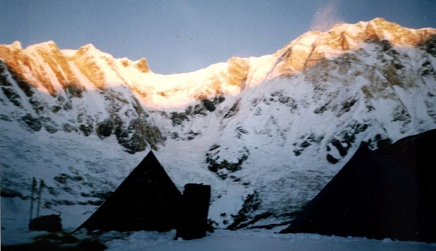 Sunrise on Fang and Annapurna I from Rakshi Peak high camp