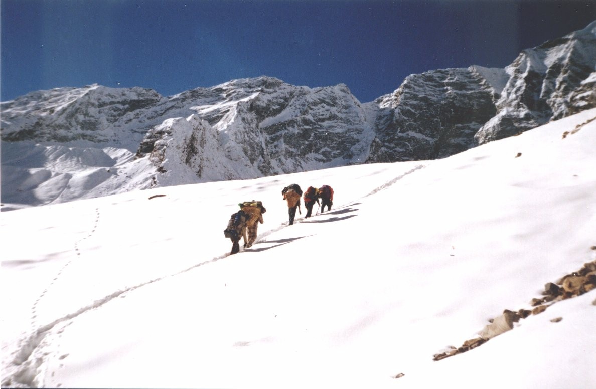 Re-crossing South Annapurna Glacier on return to the Sanctuary from Rakshi Peak