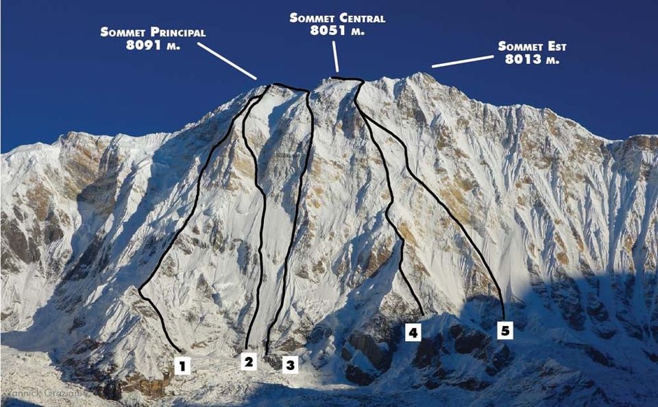 Ascent routes on Mount Annapurna I above Annapurna Sanctuary