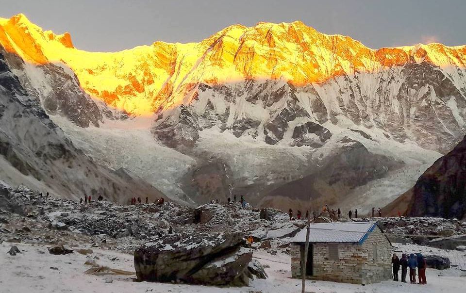 Sunrise on Mount Annapurna I above Annapurna Sanctuary