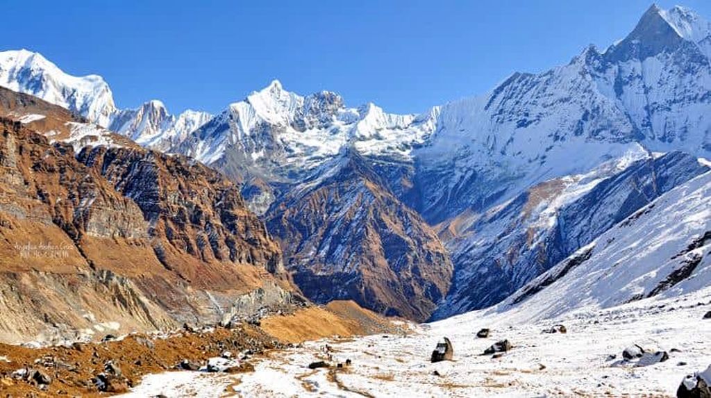 Mount Annapurna III , Gandarba Chuli and Macchapucchre on approach to the Sanctuary