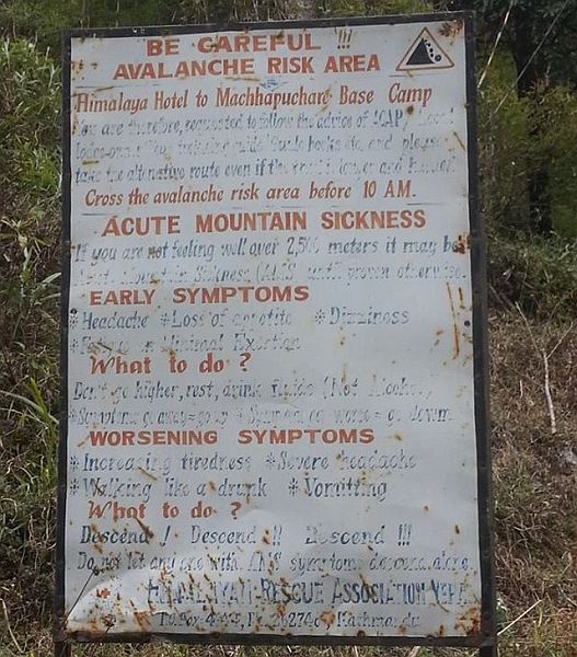 Warning notice on approach to The Gates in the Modi Khola Valley of the Annapurna Sanctuary
