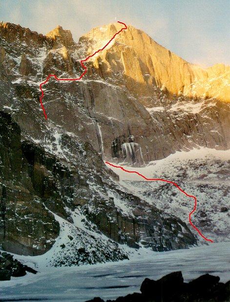 Ascent route on East Face of Longs Peak