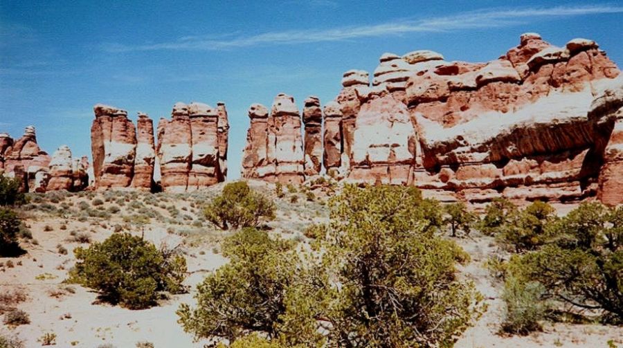 Needles District of Canyonlands National Park: Sandstone Pinnacles on the trail from Chesler Park to Elephant Hill