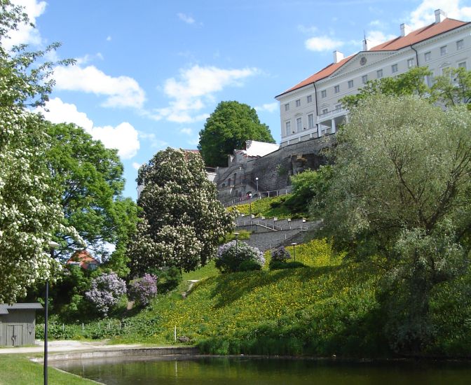 Moat beneath Toompea Hill and Parliament Building in Tallinn