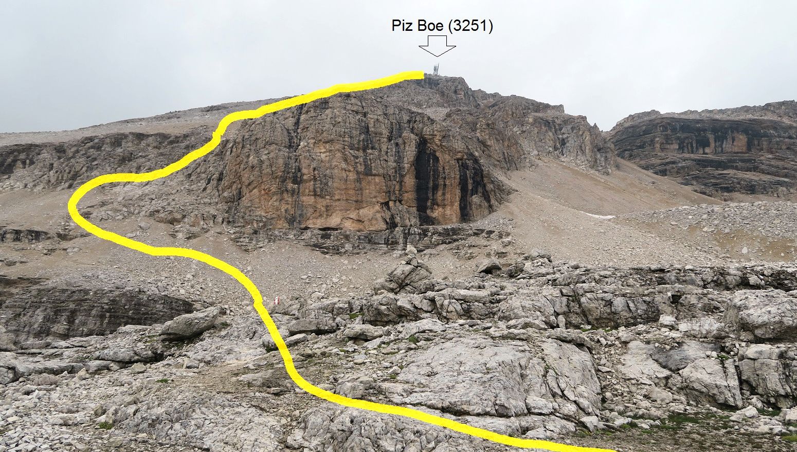 Ascent route on Piz Boe in the Sella Group of the Italian Dolomites
