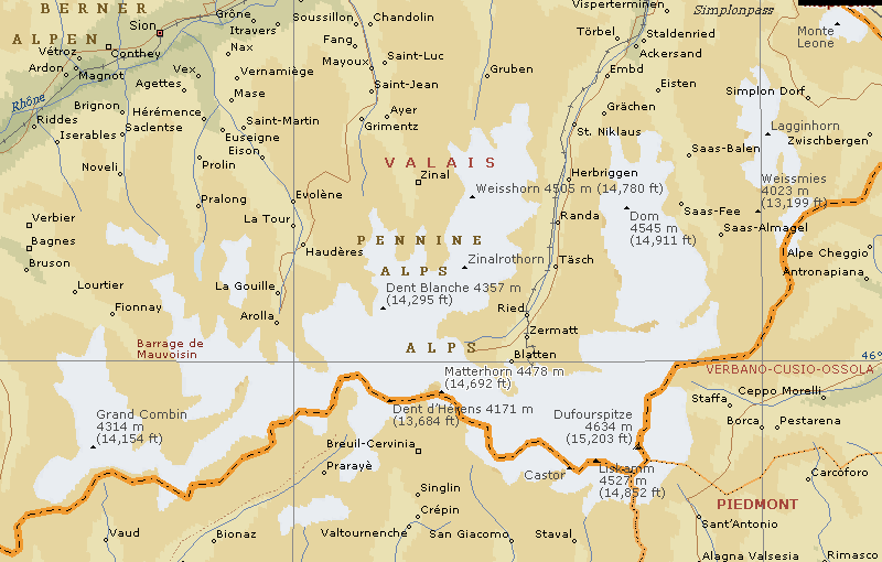 Map of Zermatt and Saas Fe Region of Switzerland