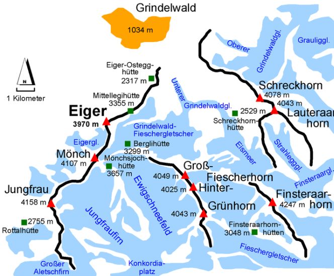 Location Map for Eiger , Grunhorn and Finsteraarhorn