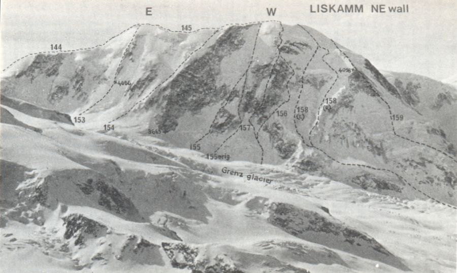 Ascent Routes on the North East Wall of Lyskamm