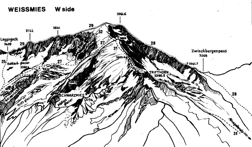 Ascent routes for Weissmies in the Zermatt ( Valais ) Region of the Swiss Alps