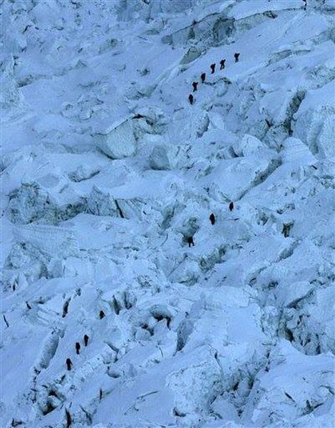 Climbers ascending the Khumbu Ice Fall on the South Col Route for Mount Everest
