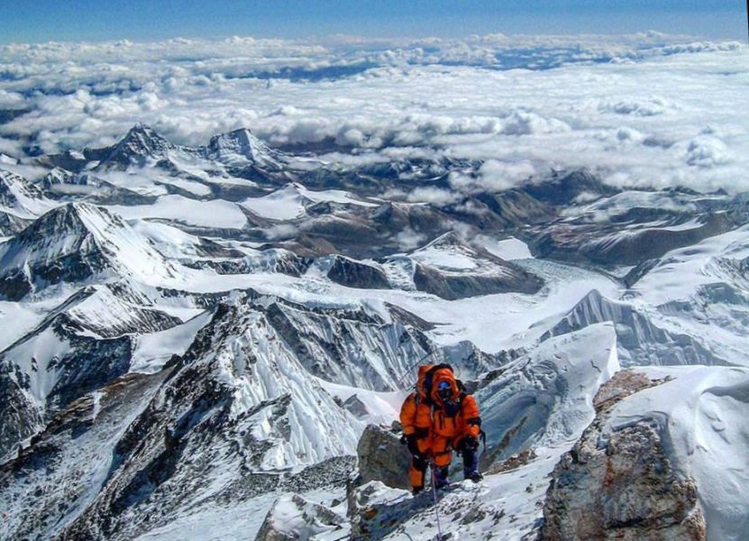 Climber on ascent of Mount Everest