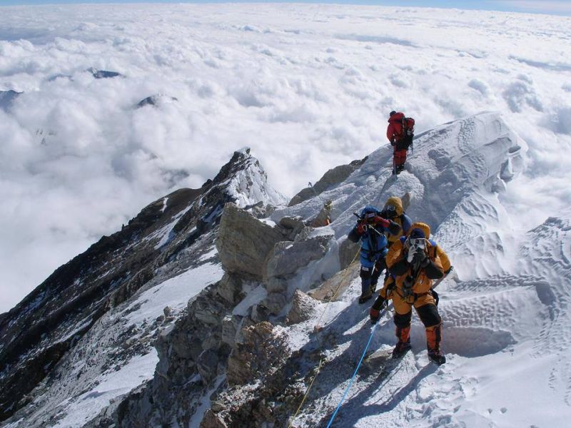 Climbers on ascent of Mount Everest