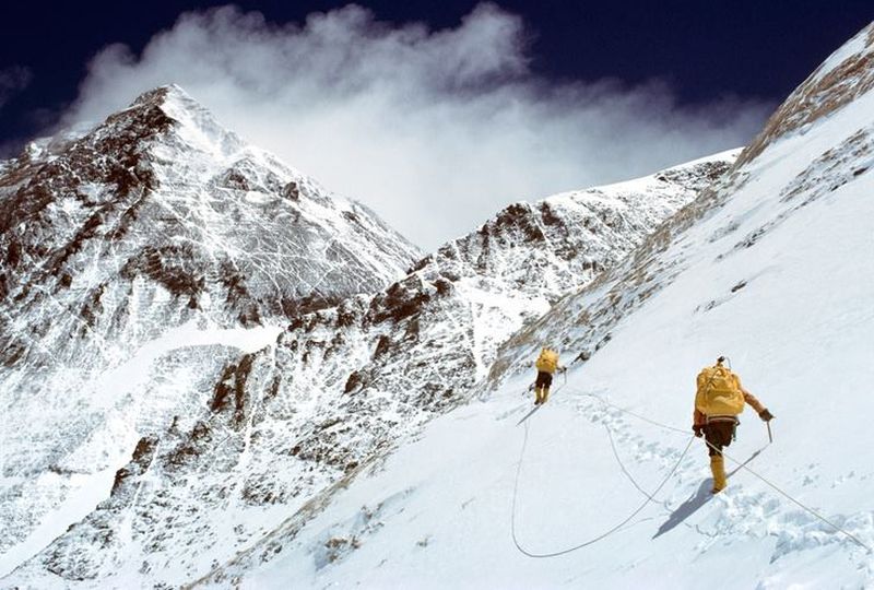 Climbers on South Col ascent route of Mount Everest