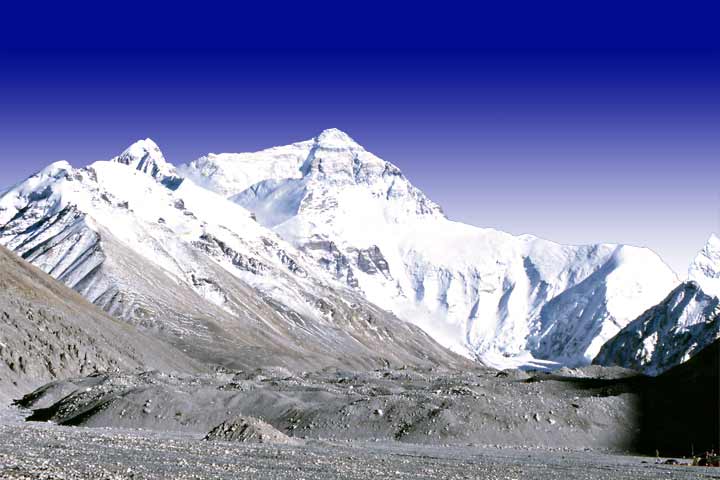 North Side of Mount Everest ( Chomolungma, Sagarmatha ) from Base Camp on Rongbuk Glacier in Tibet
