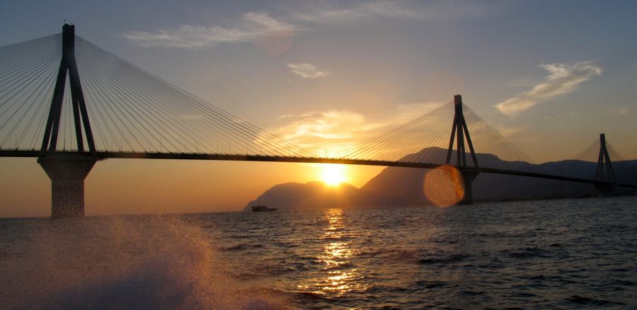 Sunset at Rio Antirio Bridge from the Greek Mainland to Patras on the Peloponnese