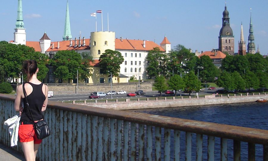 Castle and Church Spires of Riga Old City from Vasnu Bridge over Daugava River