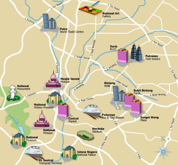 Tourism Map of Kuala Lumpur - capital city of Malaysia