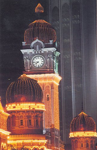 Clock Tower on Sultan Abdul Samad Building in Kuala Lumpur illuminated at night