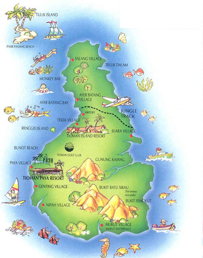 Tourism Map of Pulau Tioman ( Tioman Island ) off East Coast of Peninsular ( Western ) Malaysia