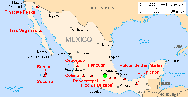 Location Map of the Major Volcanoes in Mexico