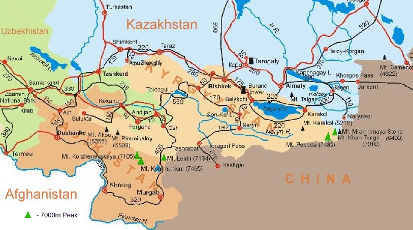 Map of Tajikistan and Kyrgyzstan in Central Asia