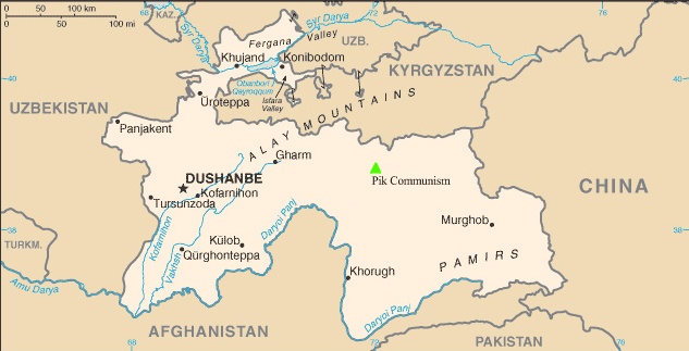 Map of Tajikistan in Central Asia