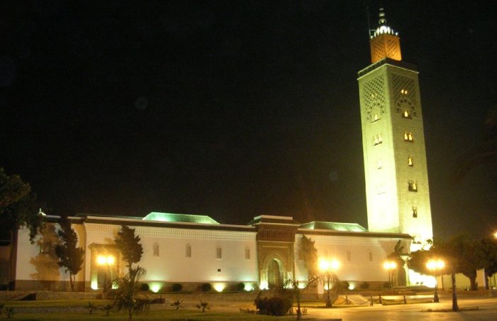 Mohamed V Mosque illuminated at night in Rabat - capital city of Morocco