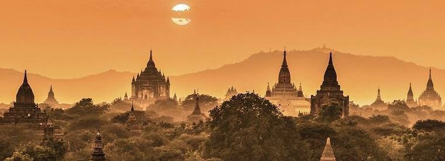 Sunset above Temples at Bagan in central Myanmar / Burma