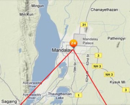 Location Map for the ancient cities of Mingun and Sagain near Mandalay