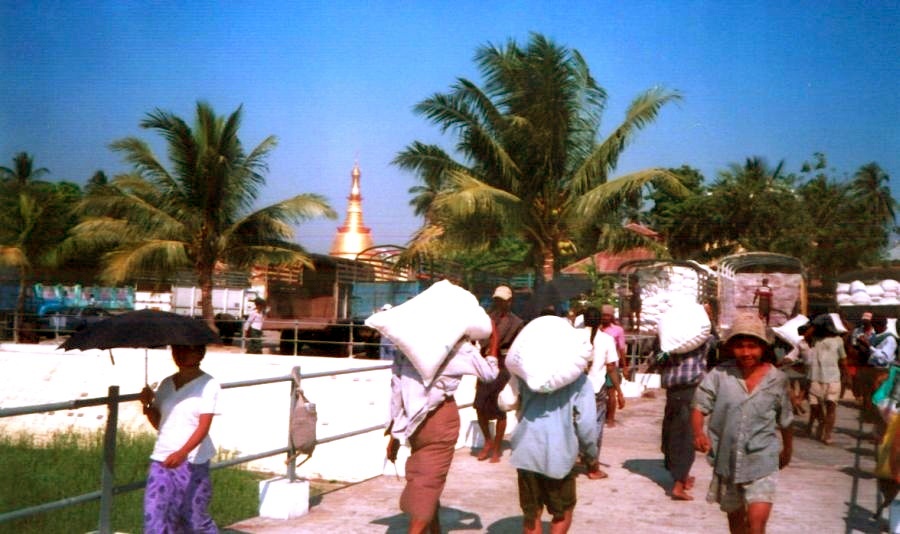 Porters at Yangon Docks in Yangon ( Rangoon ) in Myanmar ( Burma )