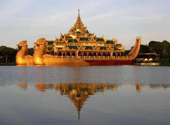 Karaweik Palace non-floating restaurant in Kandawgkyi Royal Lake in Yangon ( Rangoon ) - capital city of Myanmar ( Burma )
